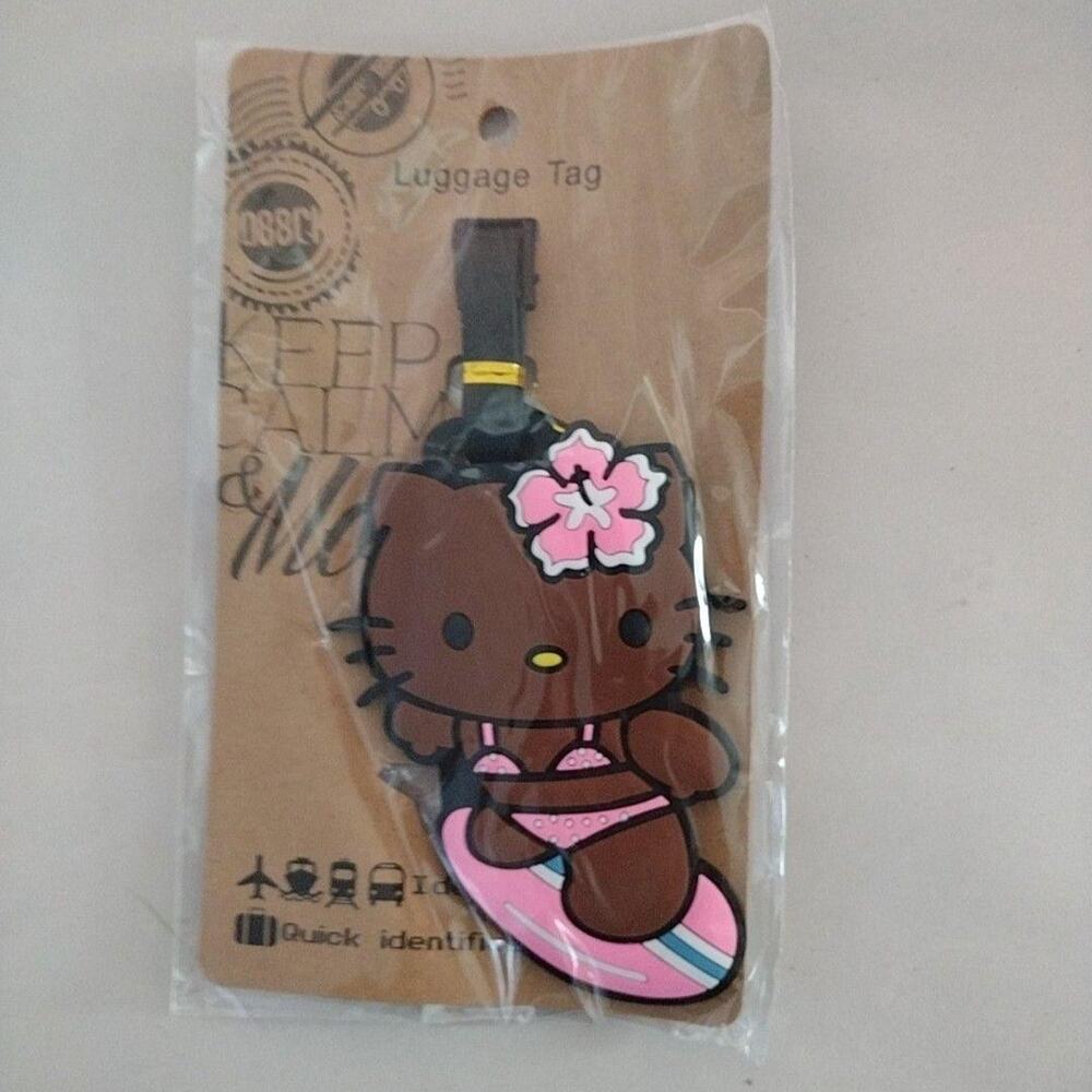 Cartoon Brown Cat Surfer Luggage Tag Pink Bikini Suitcase ID Travel Accessory